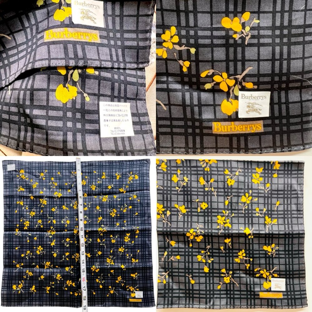 NewTagBurberrys Miniscarf/handker19.5" Cotton Silk Black Gray Yellow floral(15 - Picture 3 of 11
